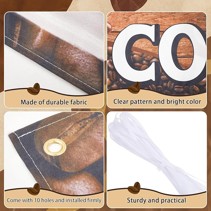 Tegeme Large Coffee Banner Sign Coffee Shop Banner Flag 2x10 Ft/ 24 x 120 Inch Oxford Fabric Cafe Business Sign for Easy Hang Indoor Outdoor