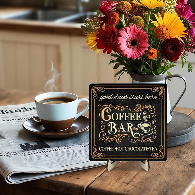 Vintage Coffee Bar Decor Sign,Rustic Wooden Plaque for Java Station, Kitchen,Cafe or Tea Corner, Funny Jave Gift for Coffee Lovers (Black, 5.9x5.9inches)