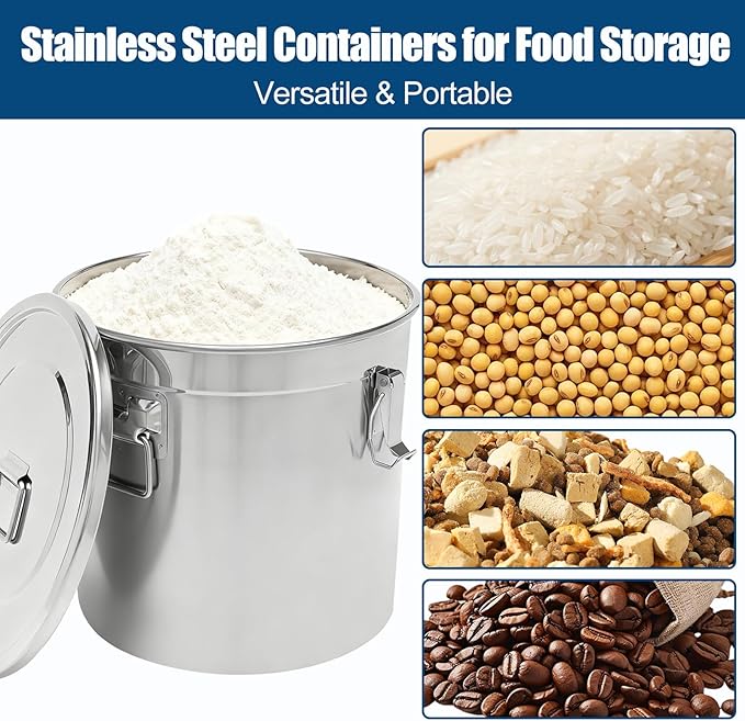 8.72Gal/33L Stainless Steel Airtight Canister, 304 Stainless Steel Airtight Food Storage Container with Lid and Lock Clips, Large Metal Storage Canister for Coffee Beans, Flour, Tea, Sugar, Cereals