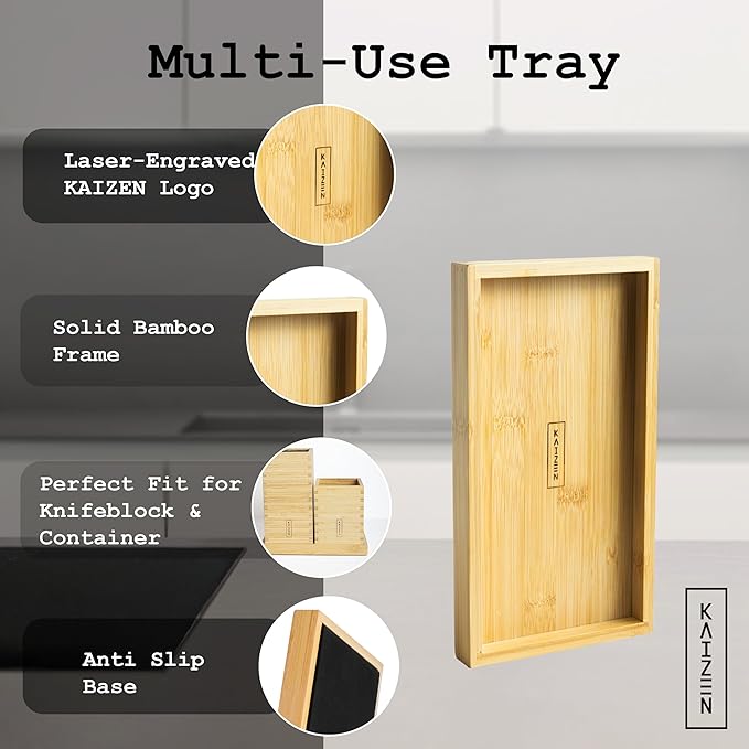Kaizen Bamboo Utensil Drawer Organizer Tray - Premium Utensil Holder for Kitchen - Multi-Purpose Bamboo Organizer for Cooking Utensils - Large Tray with Anti-Slip Base for Drawers - Natural