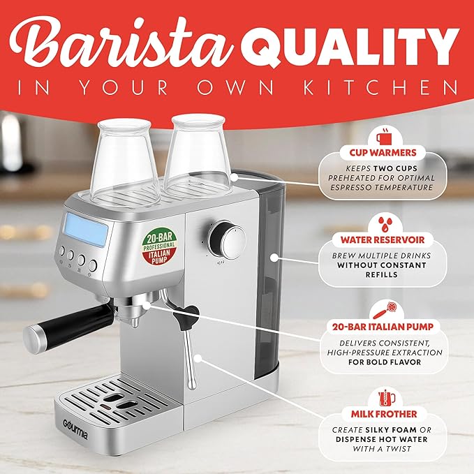 Gourmia Slim Espresso Machine with LCD Screen - Milk Frother, Adjustable Temperature, Manual & Auto Brew, Single/Double Shot, Hot Water Dispenser, Descaling Mode, Compact
