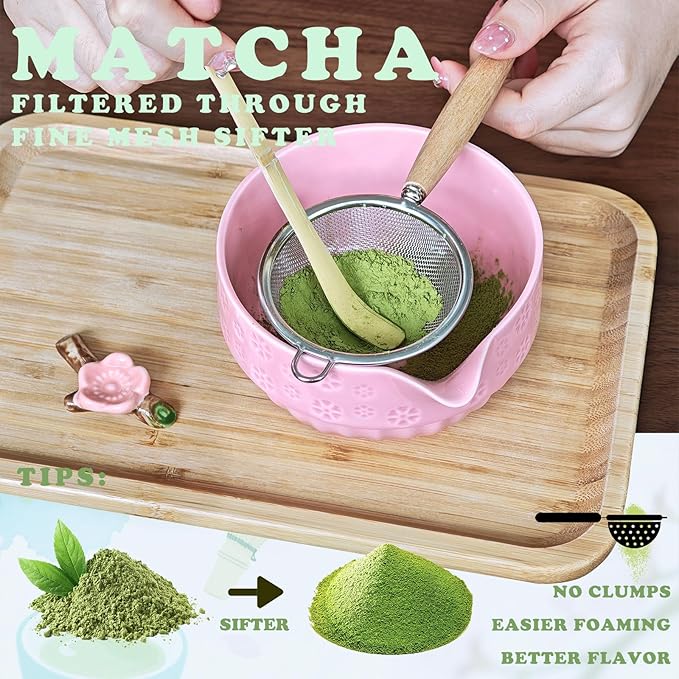HAVIREST 10 pcs Matcha Whisk Set, Ceramic Bowl and Whisk Stand Spoon Holder Sifter Mat Towel, Japanese Ceremonial Grade Macha Tea Tools Kit, Gift for Women Match Starter Lover (Pink)