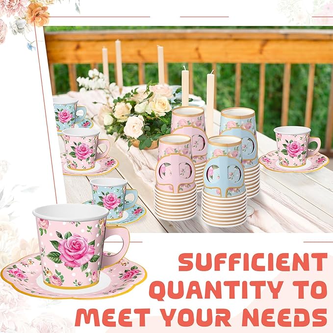 Umigy 36 Sets Tea Party Decorations 9 oz Floral Paper Tea Cups with Handle and Plates Disposable Blossom Teacups and Saucers Sets for Girls Kids Birthday Garden Wedding Party Supplies(Blue Pink)
