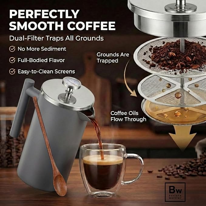 Barista Warrior French Press Coffee Maker Stainless Steel with Built-In Thermometer - Insulated Double Wall Design, Dual Filter System, Stay-Cool Handle & Wood Spoon - Grey
