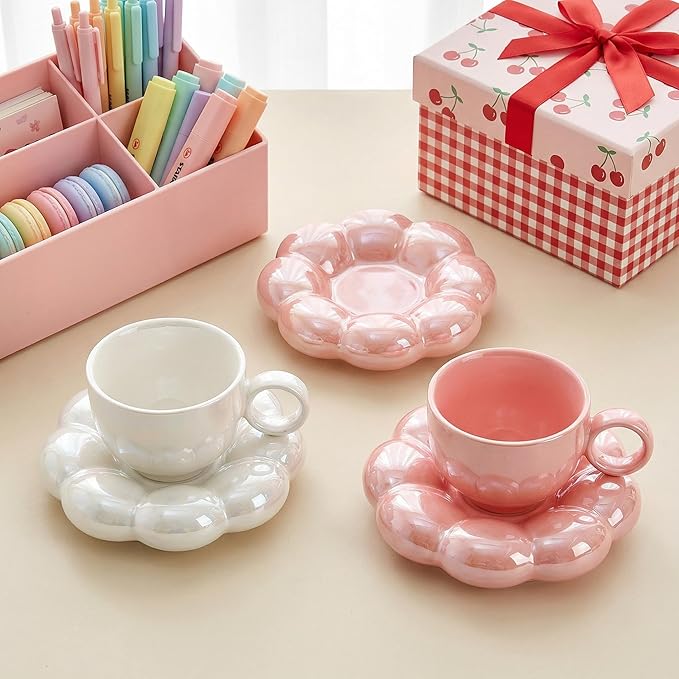 Goaste 2 Pack Ceramic Coffee Mug with Saucer Set, Cute Cloud Mug with Sunflower Coaster, 8oz Creative Latte Tea Cup for Office, Home, Coffee, Tea, Latte, Milk, Pink, Pearl White