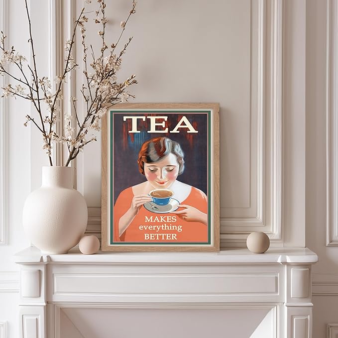 Poster Master Vintage Tea Makes Everything Better Print - Retro Food & Drink Poster - Positive Quotes Art - Gift for Women, Tea Lover - Decor for Kitchen, Teahouse - 11x14 Beige Framed