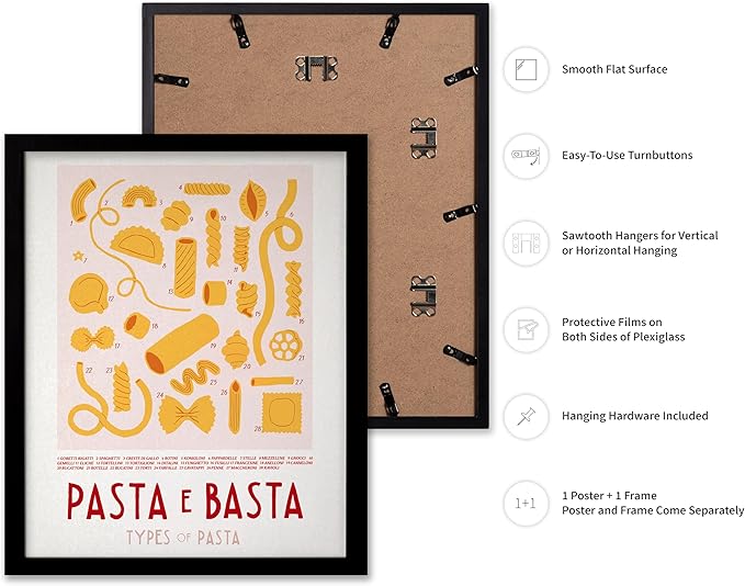 Poster Master Vintage Illustration Poster - Retro Food Print - Types of Pasta, Yellow, Spaghetti, Rotini, Penne - Gift for Artist, Chef - Wall Decor for Kitchen, Restaurant, 8x10 Black Framed