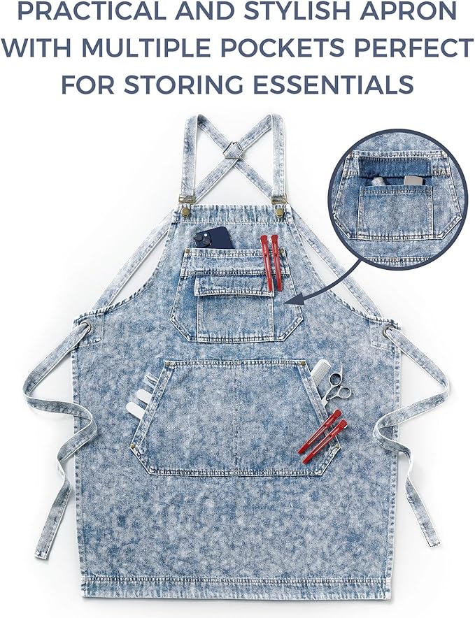 Denim Apron with Pockets for Hair Stylist Gardening Craftsmen Barista Women Hairdresser Jean Work Apron Cross Straps