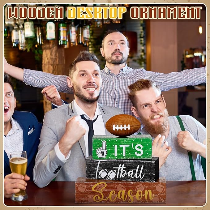 Geelin 4 Pcs Football Table Decorations Football Tiered Tray Decor Wooden Sign Centerpiece Decorative Faux Stack Book Block for Coffee Table Fireplace Mantel Floating Shelf