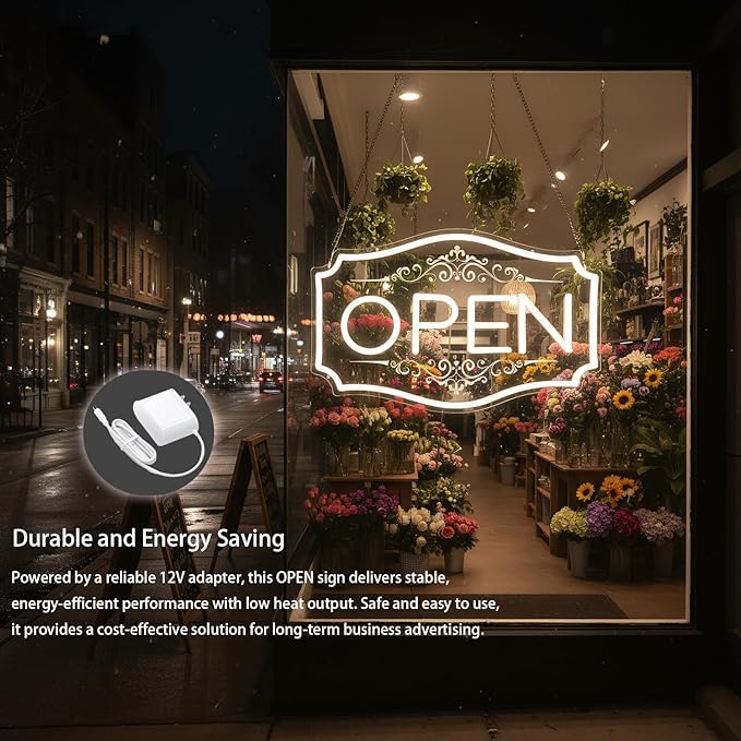 Open Sign for Business, LED Dimmable Neon Open Sign with 12V/2A Adapter, 16.5" x 10.5", Warm White, Bright LED Visibility to Light Up Window, Wall, Bar, Coffee, Salon and Store