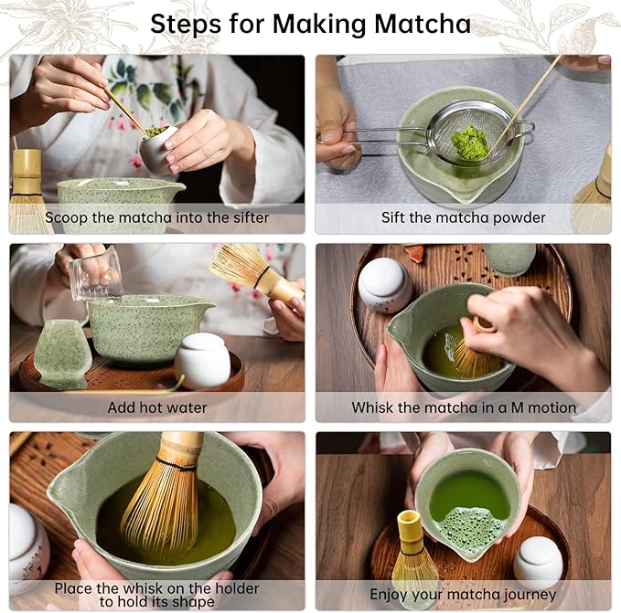 Matcha Whisk Set Green 6PCS Matcha Whisk and bowl(Chawan) With Matcha Spoon and sifter Matcha Kit for Ceremony Matcha Tea Set Gift for Matcha Lovers