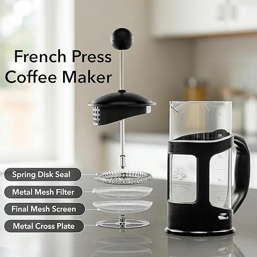 OVENTE French Press Coffee Maker 34 Ounce with Heat Resistant Borosilicate Glass & Stainless Steel 4-Level Filtration System, Portable Cold Brew Coffee Maker for Travel, Camping or Gift, Black FPT34B