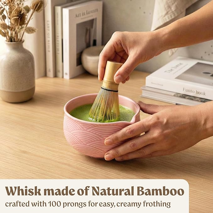 Matcha Kit Whisk Set (7 Pcs) - Complete Matcha Set, Matcha Bowl with Spout, Whisk with Holder, Bamboo Scoop with Rest and Sifter, Perfect Kit for Matcha Lovers (Sakura Pink)