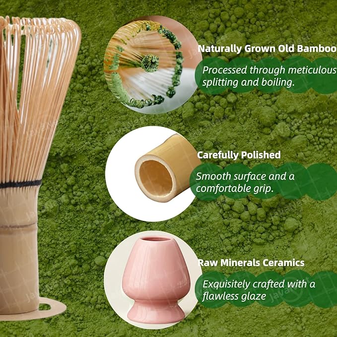 Matcha Whisk Set, 6-Piece Matcha Making Kit, Macha Tea Set, (Chasen Holder), Ceramic Whisk Holder, Matcha Starter Sifter, Bamboo Scoop, Spoon Japanese Tea Tools For Ceremony Gift (Pink)