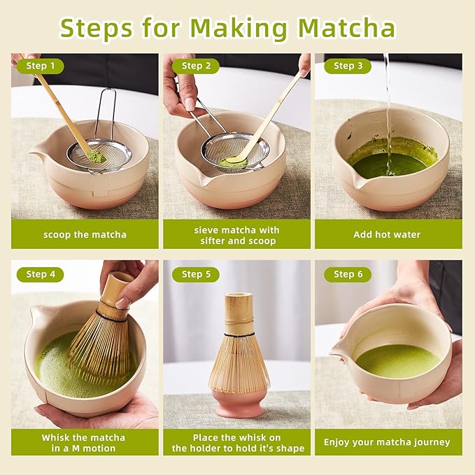 Matcha Whisk Set, Matcha Set Includes 2X Matcha Whisk, Matcha Bowl and Chasen Holder, Bamboo Scoop, Scoop Rest, Sifter - 7 Pcs Matcha Kit for Tea Ceremony, Gift for Matcha Lover (Yellow to Orange)