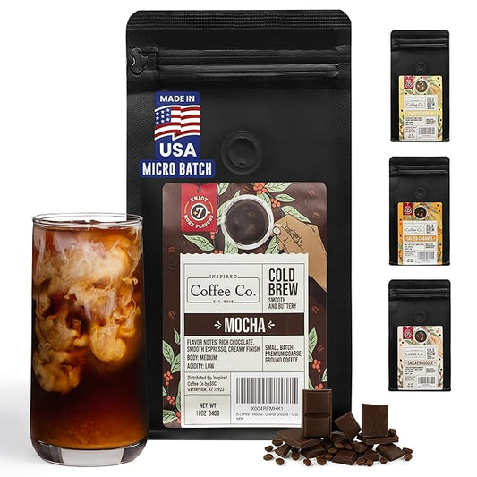 Inspired Coffee Co Cold Brew Coffee - Mocha Flavored - Coarse Ground Beans For Perfect Medium Roast Low Acid Smooth Taste - 100% Arabica Grounds 12 oz. Resealable Bag