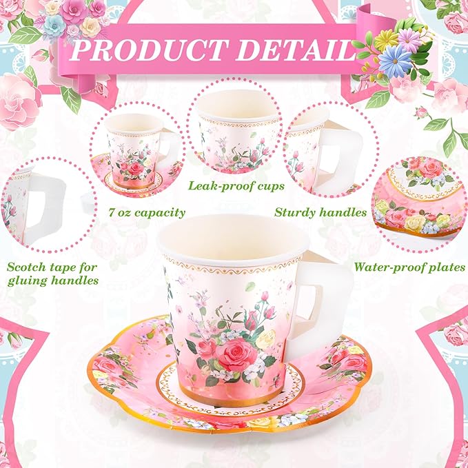 160 Pcs Floral Paper Tea Cups and Saucers 7 OZ Disposable Paper Tea Cups with Handle and Plates for Tea Party Decoration Birthday Baby Shower Bridal Wedding Mother's Day