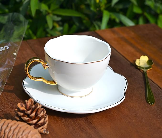 British Coffee Cup 3 Piece Set（6.8oz） Household Fashional Tea Cup with Saucer Spoon (white-A)