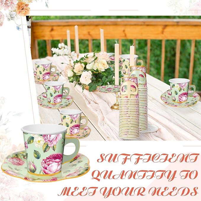 Umigy 36 Sets Tea Party Decorations 6.5 oz Floral Paper Tea Cups with Plates Disposable Blossom Teacups and Saucers Sets for Girls Women Birthday Party Supplies(Vintage Style,36 Pcs)