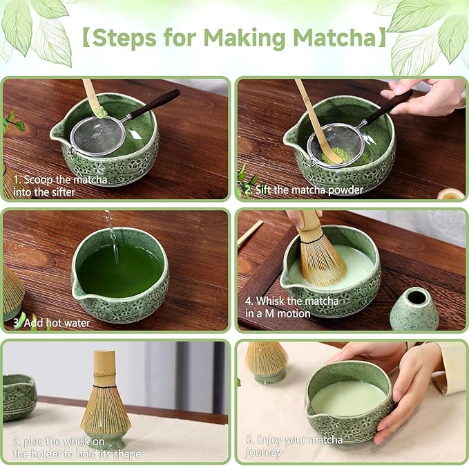 7 Pcs Matcha Whisk Set, Ceremony Matcha Kit with Matcha Bowl, Bamboo Whisk and Holder, Scoop and Scoop Rest, Sifter and Tea Towel, Gift for Matcha Lovers (Mottled Green/Cherry Blossom-Patterned)