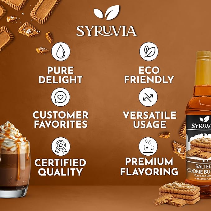 Syruvia Coffee Syrup, Salted Cookie Butter Flavored Syrup for Drinks, Lattes and Desserts – 25.4 fl oz, With Pump