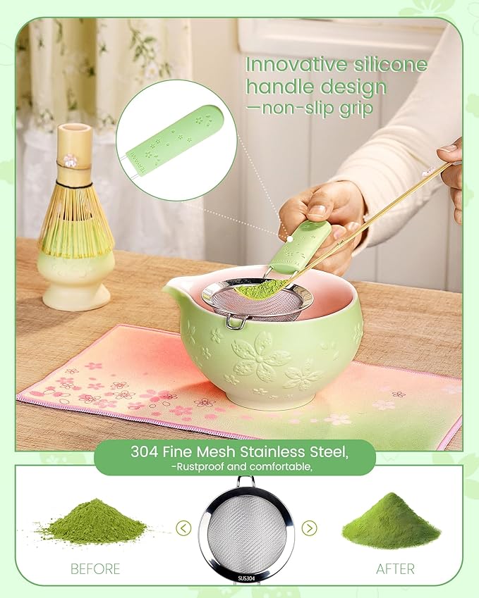 Matcha Whisk Set, 6pcs Matcha Set Includes Matcha Bowl, Bamboo Whisk & Scoop with Cute Charm, Chasen Holder, Innovative Sifter, Tea Mat for Japanese Tea Ceremony, Pale Green