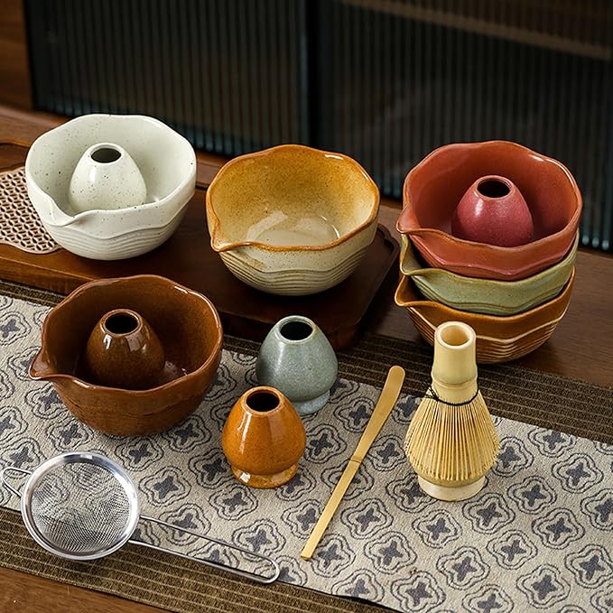 Matcha Bowl Set with Bamboo Whisk, Sifter & Scoop - Complete Ceramic Japanese Tea Ceremony Kit for Traditional Matcha Preparation (brown (with a textured finish）)