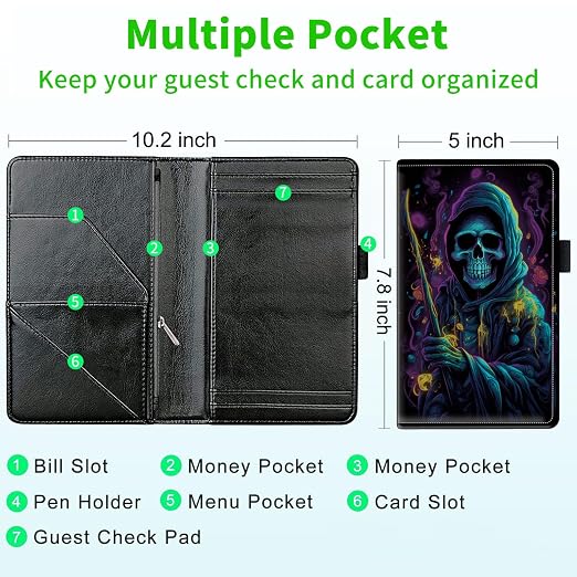 Server Books for Waitress, with 7 Large Pockets, Waiter Serving Book, Waitstaff Server Order Pads, Cute PU Leather Server Book with Pen Holder Fit Server Apron, Skull Death - Image 3