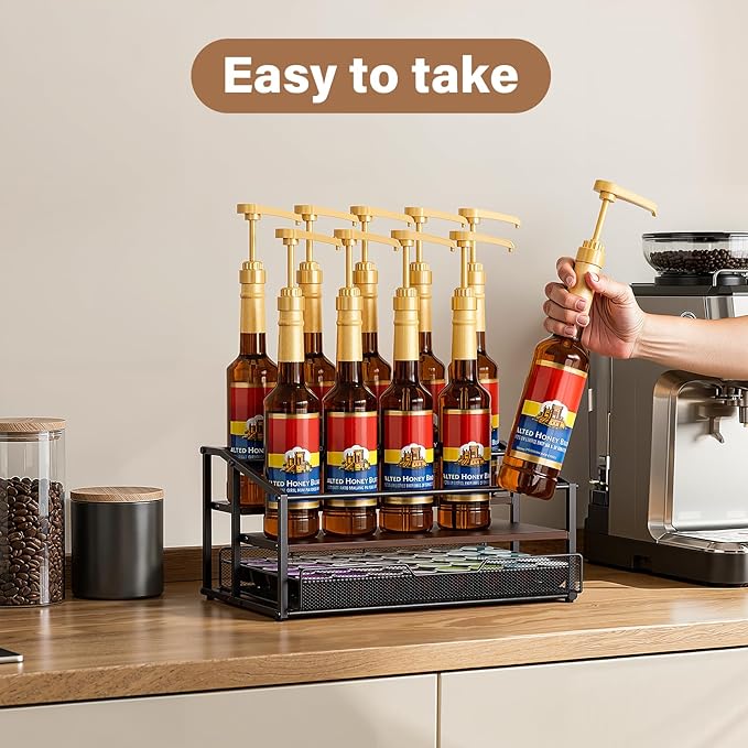 kimilus Coffee Syrup Rack Organizer, 3-Tier 10 Bottle Syrup Rack with 35 K Cup Darwer for Coffee Bar, Countertop Bottle Holder Stand for Dressing for Kitchen Cafe Station