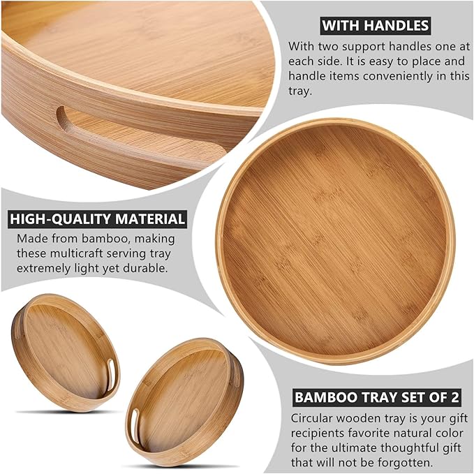 RHBLME 2 Pack Round Wood Tray - 12 Inch & 14 Inch, Handles, Decorative Ottoman Bamboo Serve Tray for Food, Cocktail, Drink