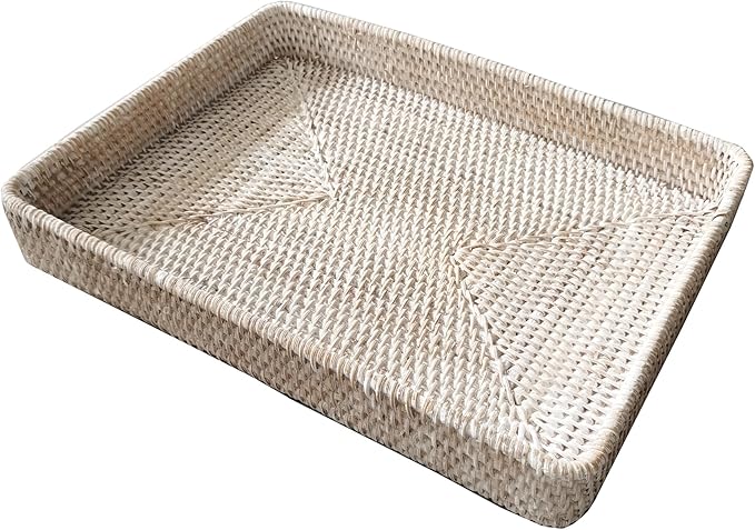 i-lan 17" White Washed Rattan Woven Large Serving Tray Platter for Ottoman,White Rectangular Basket Storage Platter with 2.4” Wall, Decorative Rattan Woven Baskets Tray for Fruits,Table Accessories
