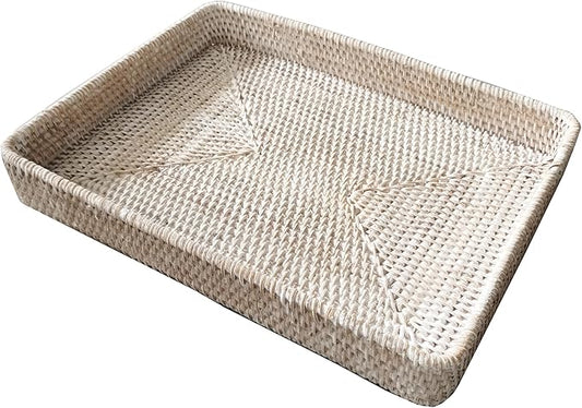 i-lan 17" White Washed Rattan Woven Large Serving Tray Platter for Ottoman,White Rectangular Basket Storage Platter with 2.4” Wall, Decorative Rattan Woven Baskets Tray for Fruits,Table Accessories
