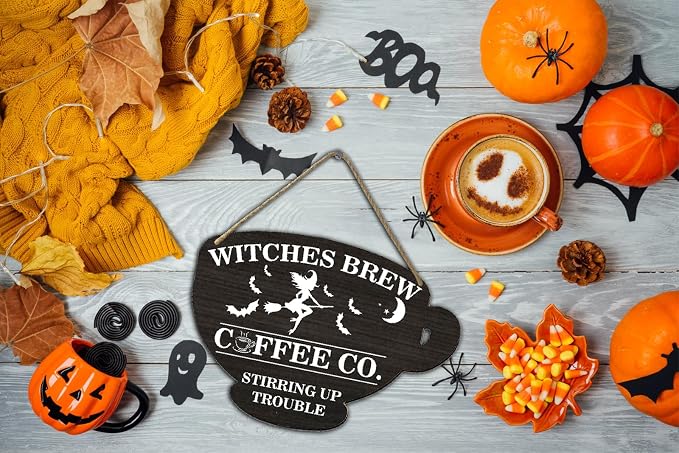 Halloween Witches Brew Coffee Co.Wood Sign Coffee Cup Wooden Sign Alloween Coffee Shop Home Kitchen Office Cafe Coffee Station Door Wall Decor 4.8x6.78 Inch - Image 6