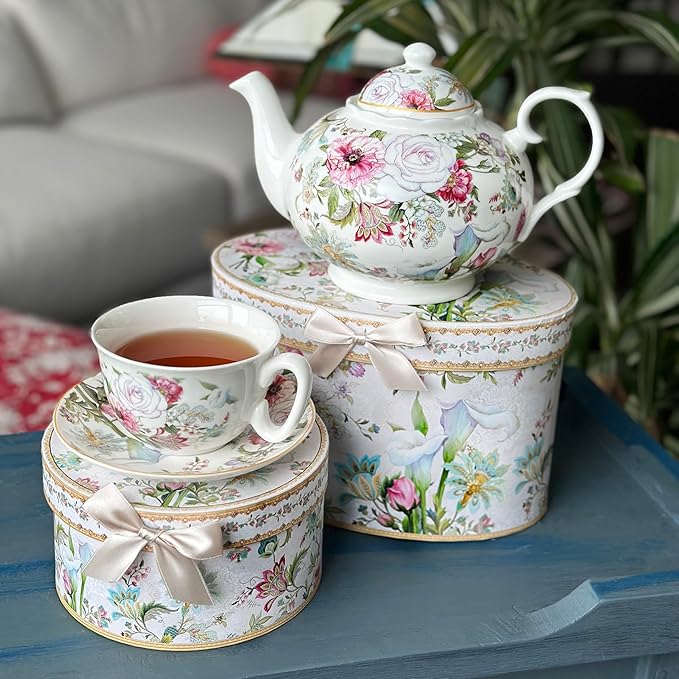 STP GOODS Bone China Tea/Coffee Cup and Saucer in Gift Box Fine Bone Tea Cup and Saucer Set of One,(Dream Garden)