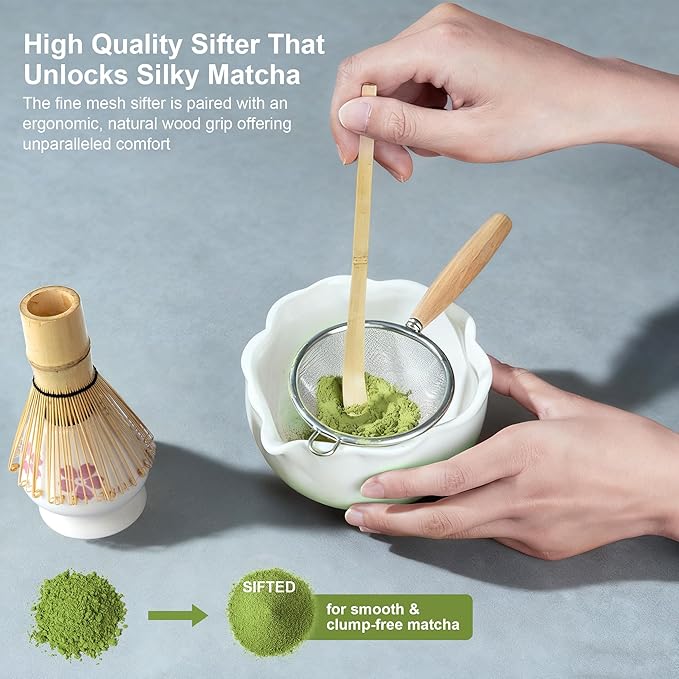 8Pcs Matcha Whisk Set with Floral Ceramic Matcha Bowl, Wooden-Handled Sifter, Bamboo Whisk, Whisk Holder, Bamboo Scoop, Scoop Rest, Spoon, Tea Towel, Greeting card, Gift for Beginners