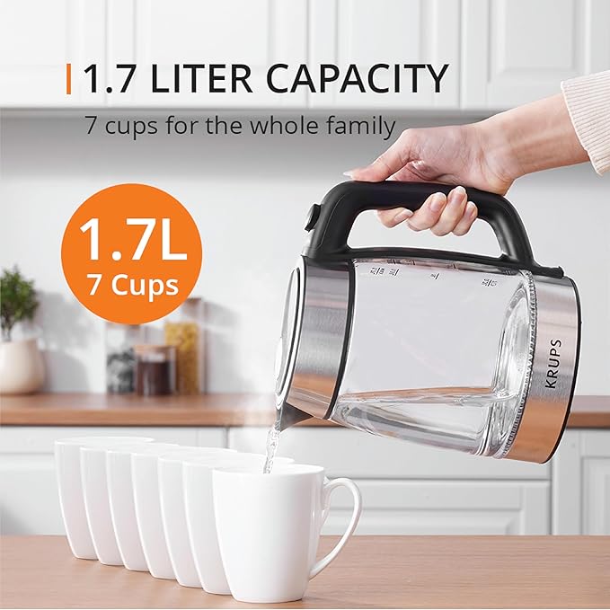 KRUPS 1.7L Glass Electric Kettle: Fast-Boiling 1500W with LED Indicator, Anti-Scale Filter, Auto Shut-Off, and Cordless Design - Boil 1 Cup in 80 Seconds for Perfect Tea and Coffee