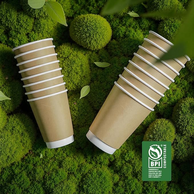 Coffee Cups 16 oz Disposable Paper Cups,100 Pack Compostable Double Wall Hot Cups, BPI Certified BPA Free Paper Cups, Natural Kraft To Go 16oz Disposable Cups for Office Cafe Home Party Travel