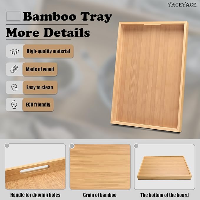 Serving Tray with Handles, 17"x12.5"x1.5" Large Bamboo Serving Tray for Ottoman, Decor Tray for Breakfast, Living Room, Drink, Coffee Table