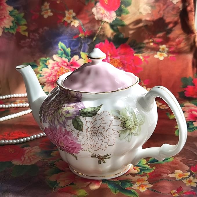Bone China Teapot, English Teaset, Dahlia Floral Design with Golden Rim, 37 Oz