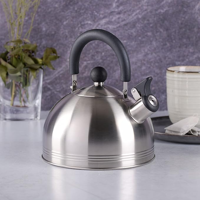 Mr. Coffee Carterton Stainless Steel Whistling Tea Kettle – 1.5-Quart Capacity, Mirror Polish Finish, Durable Tea Kettle for Stovetop, Fast Boiling, Easy Pouring (Pack of 6)