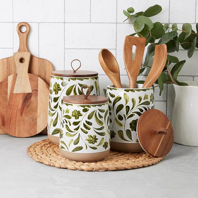 TTU Tabletops Gallery Ceramic Canister Collection- Stoneware Designed Kitchen Storage Acacia Wood White Set, 3 Piece Botanical Green Canister Set