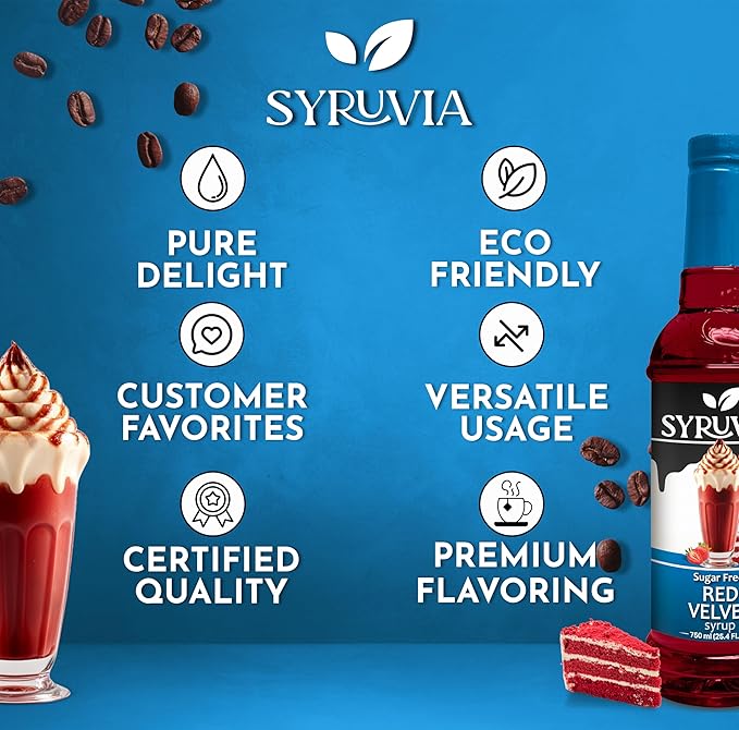 Syruvia Sugar Free Coffee Syrup, Red Velvet Flavored Syrup for Drinks, Lattes, and Desserts – 25.4 fl oz