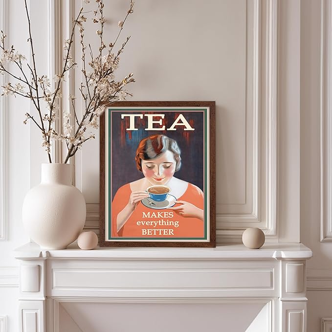 Poster Master Vintage Tea Makes Everything Better Print - Retro Food & Drink Poster - Positive Quotes Art - Gift for Women, Tea Lover - Decor for Kitchen, Teahouse - 11x14 Brown Framed