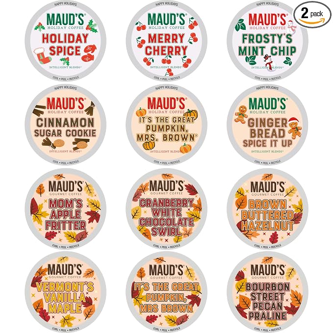 Maud’s Holiday & Fall Flavored Coffee Pods Variety Pack Bundle, 48ct, 11 Assorted Seasonal Flavors, Medium Roast Coffee in Single Serve Pods 100% Arabica Coffee, Compatible with Keurig K Cups Maker by MAUDSCOFFEETEA