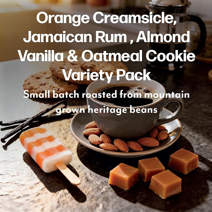 Maud’s Orange Creamsicle, Jamaican Rum Yum, Almost Biscotti & Oatmeal Cookie Flavored Coffee Pods Variety Pack, 72 ct, Medium Roast Single Serve Pods – 100% Arabica Coffee, Compatible with Keurig K Cups Maker - Image 4
