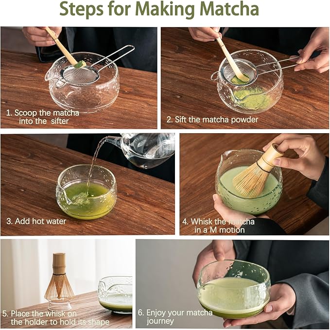 Matcha Whisk Set, Glass Matcha Kit Set Includes Matcha Bowl, Matcha Whisk and Holder, Bamboo Scoop, Scoop Rest, Sifter and Tea Towel - 7 Pcs Matcha Kit for Matcha Lovers (Glass Clear)