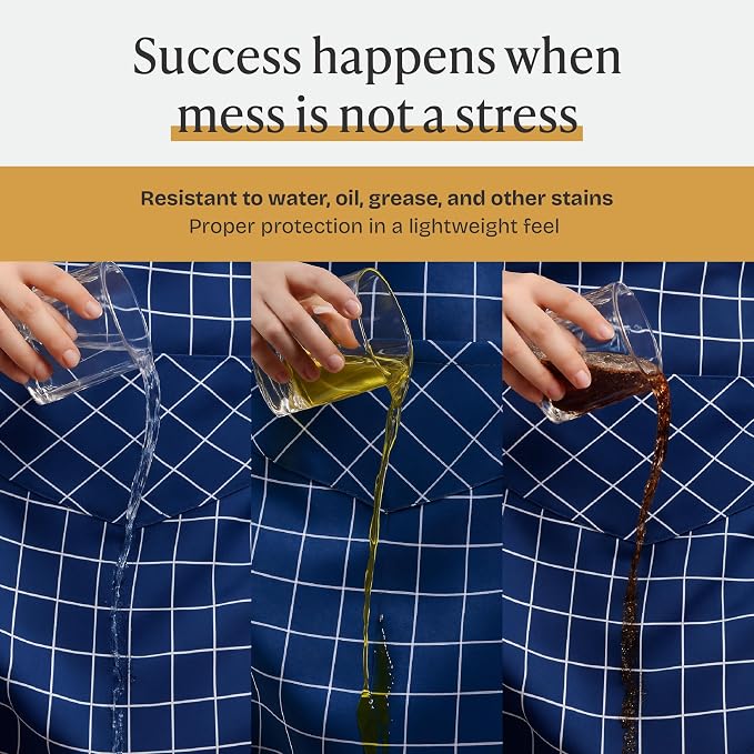 Will Well Kitchen Apron for Men and Women - 33" x 27" Oil-and-Water-Resistant with Adjustable Neck Strap and 38" Waist Ties for a Snug Fit, Lightweight with 2 Front Pockets - 1-Pack, Navy Checkered | Unisex 33'' x 27'' Oil & Water Resistant Soft Kitche... - Image 4