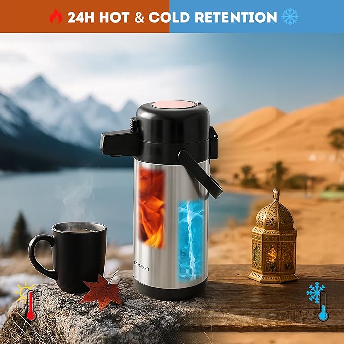 Airpot Coffee Dispenser with Pump,102 OZ/ 3L Large Coffee Dispenser with Tea Filter for Party Hot Drinks Water Tea Chocolate Hot/Cold Water, Insulated Stainless Steel Thermal Carafes