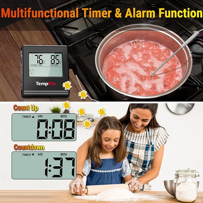 TempPro TP16 Large LCD Digital Meat Thermometer for Cooking, Smoking, Grilling, BBQ Food Temperature Indicator with Clock Timer and Stainless Steel Probe, Black(Previously ThermoPro)
