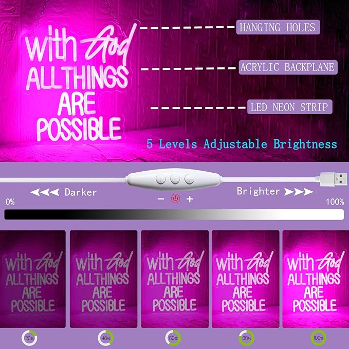With God All Things Are Possible Neon Sign Pink God Led Lights for Wall Decor Letter LED Neon Lights Dimmable USB Powered for Room Party Wedding Church Decor